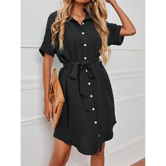 Button-down short sleeve shirt dress bohemian minimalist preppy black - Picture 1 of 3